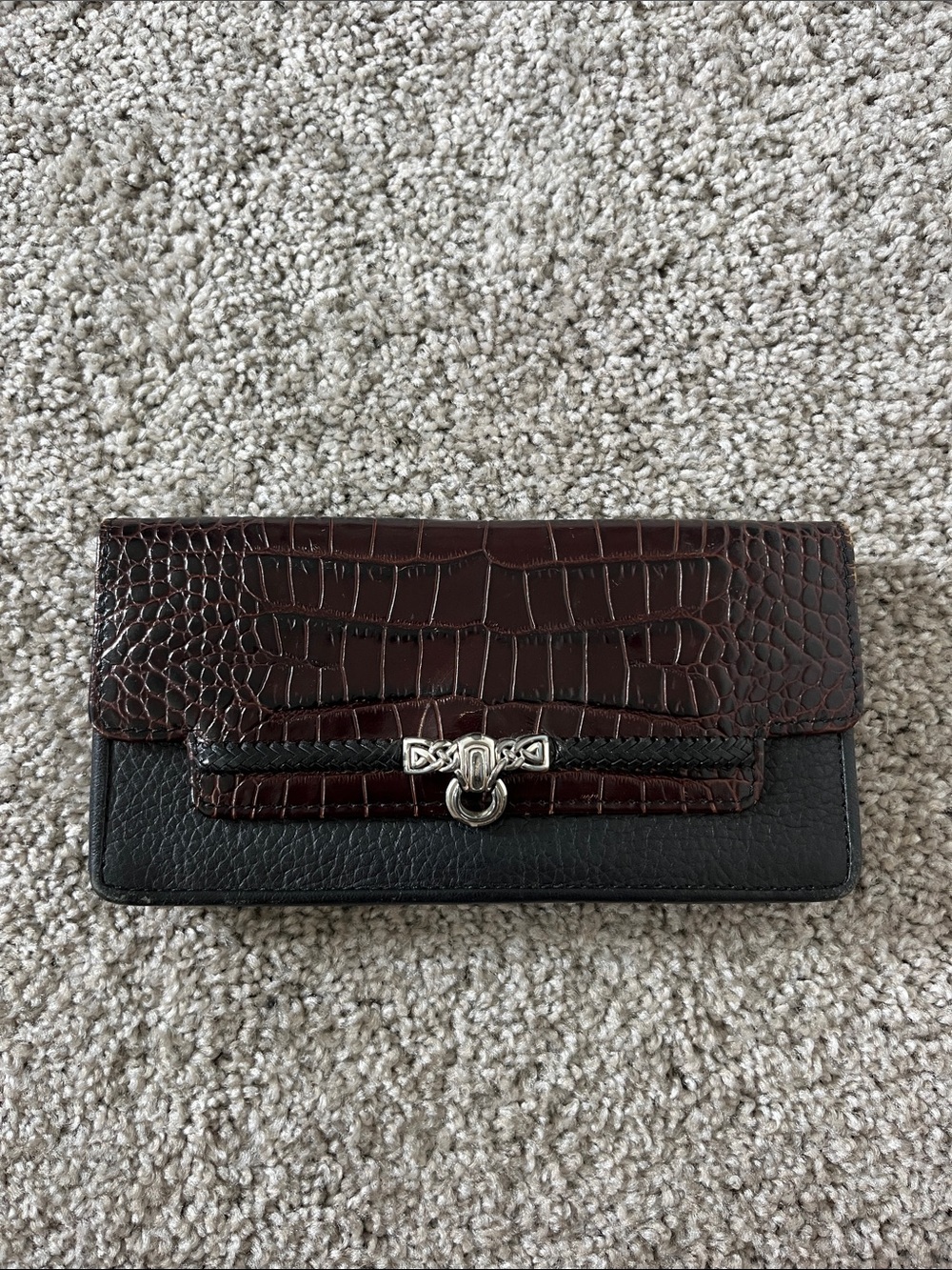 Brighton Croc-Embossed Flap Wallet - Dark Brown & Black